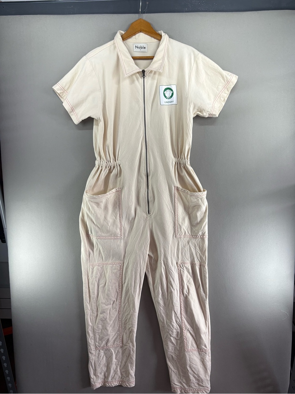 Noble Jumpsuit Womens XL Beige Short Sleeve Zip Front Utility Coverall Graphic